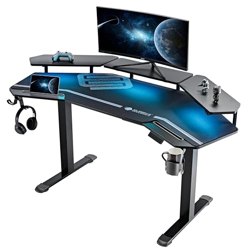 EUREKA ERGONOMIC Gaming Desk Adjustable Height Standing Desk 63" Wing Shaped Music Studio Table Workstation w Full Coverage Mousepad, 3 Stands, Dual Headphone/Cup Holder, Ipad-Slot