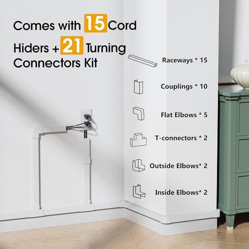 212.6in Cord Hider Wall, Cord Covers for 2-3 Wires on Wall, Paintable Cable Hider Raceway, Easier Set-up Wire Hider Wire Covers for Cords on Wall, Self-Adhesive Cable Cover, W0.95 H0.55in, White