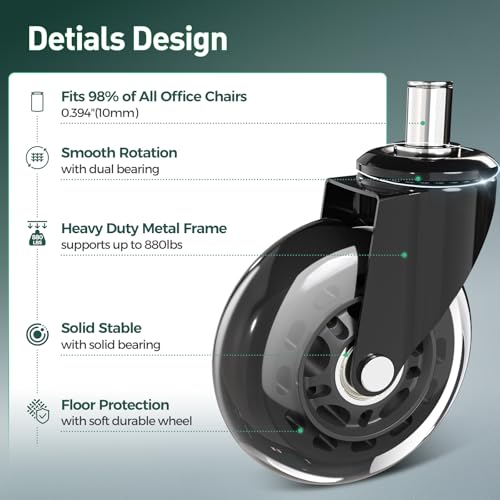 COMHOMA 5PCS Office Chair Wheels, Upgraded Heavy Duty Caster Wheel for Gaming Chairs, 4.5 Inch Smooth & Silence Rubber Wheels Fits Most Chair Replacement, Safe Casters for All Floor Carpet