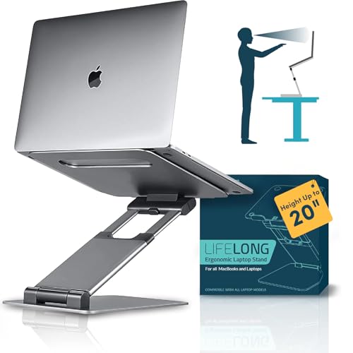 Lifelong Ergonomic Adjustable Laptop Stand for Desk, Extra Tall 20” Height Aluminum Laptop Riser, Portable Foldable Computer Stand, Fits 10-17” Laptops for Office Meetings, Teamwork & Desk Setup