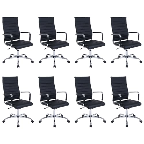Walmokid Office Desk Chair with Wheels Set of 8, Ergonomic Black Leather Conference Room Chairs Height Adustable | Ribbed High Back | Swivel Rolling Task Chair, Black