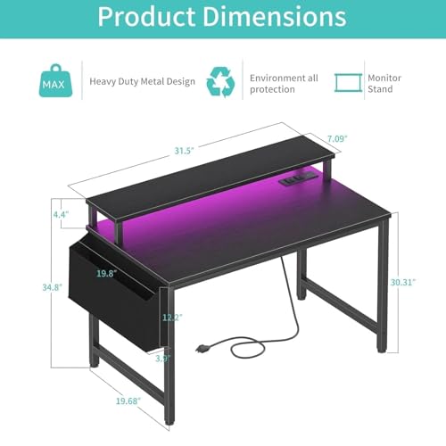 Lufeiya Small Desk with Power Outlets and LED Lights, 32 Inch Teen Writing Study Table Home Office Computer Desks with Monitor Stand, Gaming Desk with Charging Station, Black
