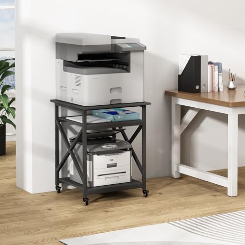 Fannova Printer Stand, 23.6 x 23.6 x 30.1 Inches Large Square Printer Table with Height Adjustable Storage Shelf, 3 Tier Rolling Printer Cart with Industrial Wheels for Home Office - Black