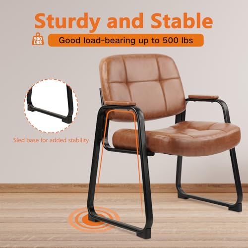 CLATINA Big & Tall 500 lbs Waiting Room Chairs with Padded Armrests and Sled Base, Leather Stationary No Wheels Office Guest Chair for Reception Lobby Home and Meeting Conference, Brown (4 Pack)