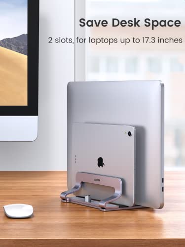 UGREEN 2-Slot Vertical Laptop Stand Holder Desk Compatible with MacBook Pro Air Laptop Stand Desktop Adjustable, Lenovo Ideapad, Surface Book, HP Notebook, Dell Chromebook Up to 17.3 Inch, Space Gray