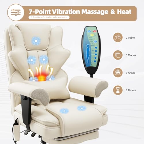Mvpipi 7-Point Massage Office Chair,Heated Manageral Chair,Ergonomic Executive Chair with Footrest,Adjustable Armrest，Computer Chair for Offices, Study Areas, Gaming Spaces,Beige