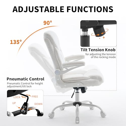Home Office Ergonomic Desk Chair - Comfy Fabric Executive Chair with Flip-Up Armrests, Height Adjustable Computer Chair for Gaming, 360° Swivel & Rocking (White)
