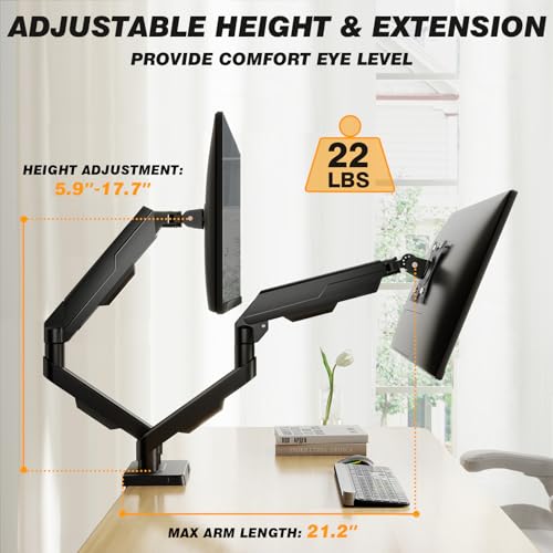 5Rcom Dual Monitor Stand for 17-34 inch Computer Screens, Full Motion Monitor Dual Monitor Arms, Dual Monitor Arms Hold up to 22lbs, Gas Spring Monitor Stand, 75/100mm VESA Mount