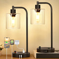 Set of 2 Industrial Table Lamps with USB C+A Ports and Outlet, Fully Stepless Dimmable Bedside Lamps for Bedrooms, Nightstand Desk Lamp with Glass Shade for Reading Living Room Office (Bulbs Included)