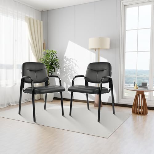 Elevon Waiting Room Chairs No Wheels Set of 4, Leather Stationary Office Reception Guest Chair with Padded Arms for Elderly Desk Conference Room Lobby Table Side Salon