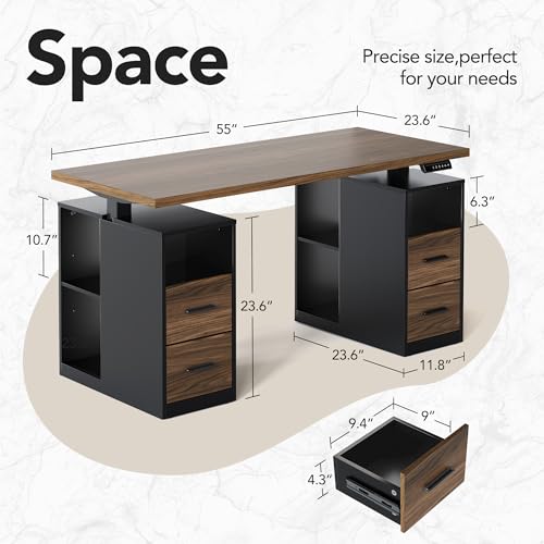 HUANUO 55" Standing Desk with Drawers, Executive Electric Height Adjustable Stand Up Desk with Storage, Computer Workstation for Home Office, Black Walnut