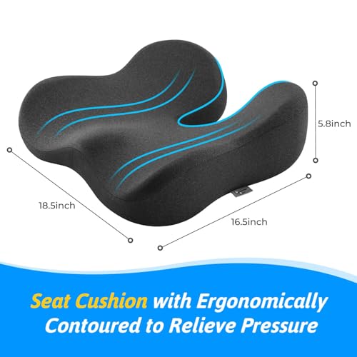 Seat Cushion for Tailbone & Sciatica Pain Relief – Certified & Ergonomist-Designed – Tapered Front Edge Reduces Thigh Pressure – Wide Memory Foam for Office Chair, Car, Wheelchair (Gray)