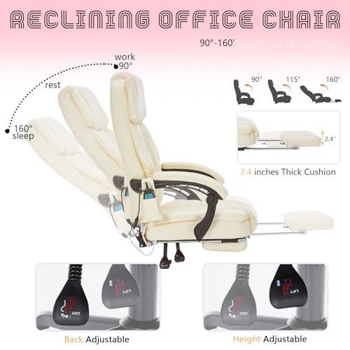 Massage Office Chair with Foot Rest 6 Points Vibration and Heat Home Office Desk Chairs for Heavy People 400lbs Reclining Managerial Chairs Ergonomic Executive Chair (Cream)