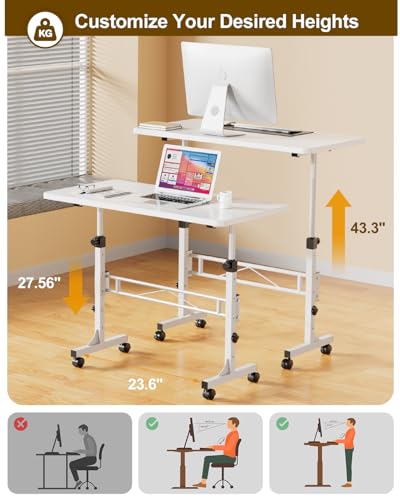 Amztabler Small Standing Desk Adjustable Height, Mobile Stand Up Desk with Wheels, 32 Inch Portable Rolling Desks Conference Room Tables for Walking Pad Treadmill White