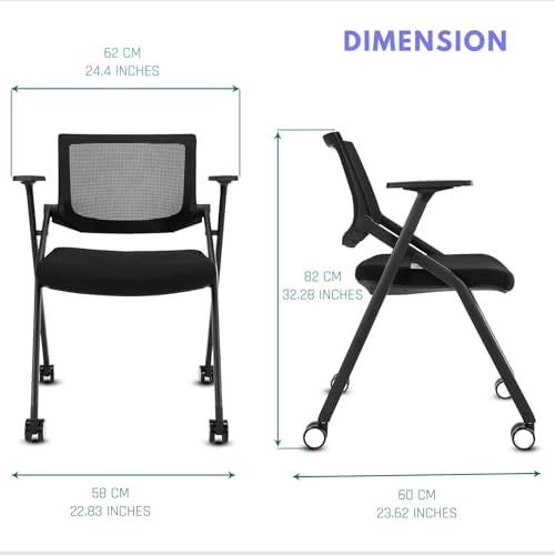 BROBRIYO, 10 Pack Stackable Conference Room Chairs with Wheels and Paddle, Ergonomic Mesh Back and Arms for Meeting, Conference, Reception, Training Room & Home Office Desk Folding Chairs, Black