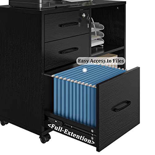 Panana 3 Drawer Office File Cabinets, Mobile Lateral Printer Stand with Open Storage Shelf, Rolling Filing Cabinet with Wheels Home Office Organization and Storage (Black)