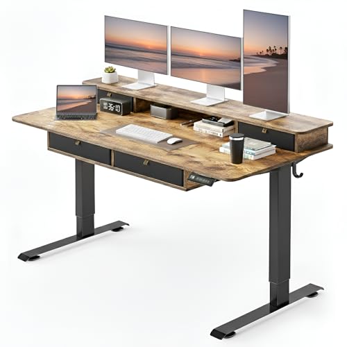 CubiCubi 55" x 30" Standing Desk with Drawers, Height Adjustable Electric Workstation, Computer Sit Stand Up Table with Large Storage Shelf 4 Drawers and 2 Hooks, Rustic Brown