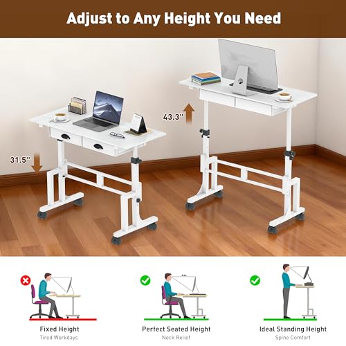 Height Adjustable Standing Desk with 2 Drawers, Small Sit Stand Up Desk with Wheels, Portable Rolling Desk for Walking Pad Treadmill, Computer Office, Adjustable 31.5"-43.3", White, Upgraded Stable