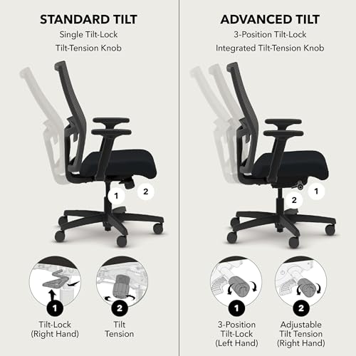 HON Ignition 2.0 Mid‑Back Ergonomic Office Chair, Mesh Task Seating with Lumbar Support, Advanced Synchro‑Tilt, Height and Width Adjustable Arms, Black Frame, Black