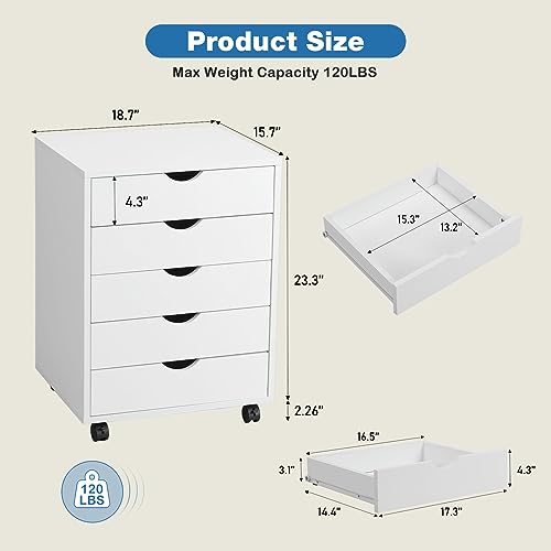 OLIXIS 5 Drawer Mobile File Cabinet Under Desk Storage Organization with Wheels Vertical Filing Chest Rolling Wood Small Desk Printer Stand for Home Office, 15.75"D x 18.74"W x 25.39"H, White