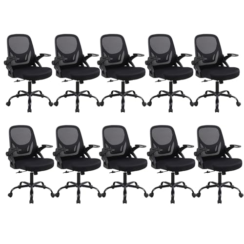 Nusetx Home Office Computer Desk Chair, Adjustable Height Mesh Ergonomic Rolling Task Chair with Wheels, Thick Cushion, Flip-up Armrests, and 360-Degree Swivel, Lumbar Support, Black, 10 Pack
