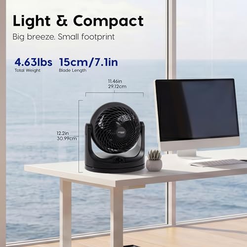 IRIS USA WOOZOO Desk Fan, Oscillating Air Circulator, 3 Speeds, 36ft Max Air Distance, 244ft² Coverage, 112° Adjustable Vertical Tilt, 29db Quiet Motor, Small Fan for Bedroom, Office, Dorm, Black