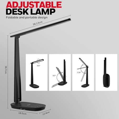 Honeywell HWT-H2 LED Desk Lamp, CRI94 Full Spectrum Eye-Caring Table Light, Foldable Dimmable 4 Color Modes with USB A+C Charging Ports for Home Office Bedroom Reading Study Work (Black)