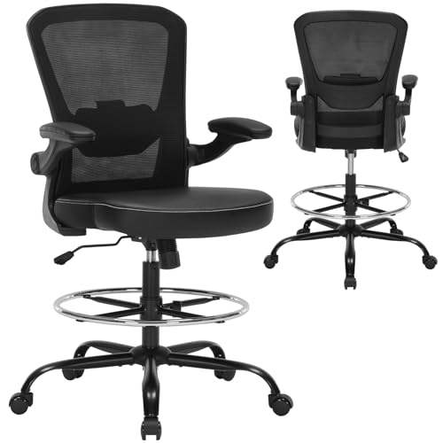 Bondesin Drafting Chair Tall Office Chair with PU Leather Seat, 400lbs Ergonomic Standing Desk Chair with Lumbar Support,Counter Stool with Adjustable Footrest Ring & Flip-up Armrests,Black