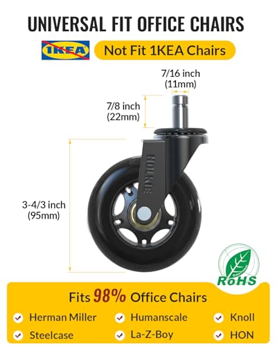 HOLKIE Office Chair Wheels Roller Blade Caster 11x22mm All Black 3 Inch Chair Wheels for Office Rubber Rolling Set of 5 for Carpet Hardwood Floors Gaming Smooth & Silence Gliding