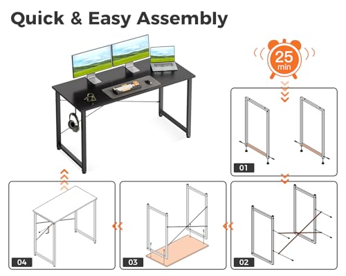Casaottima 48 Inch Small Computer Desk for Home Office, Study Writing Table for Small Spaces, Simple Modern Desk with Headphone Hooks, Pure Black