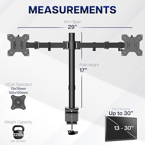 VIVO Dual Monitor Desk Mount, Holds 2 Computer Screens up to 30 inches and 22lbs Each, Heavy Duty Fully Adjustable Steel Stand with C-Clamp and Grommet, Black, STAND-V002
