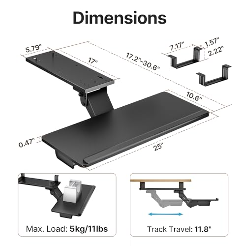 PEGZONE Keyboard Tray Under Desk with Storage Drawer, Height Adjustable Keyboard Tray Slide Out Swivel Tilt, Ergonomic Under Desk Mount Keyboard & Mouse Holder for Gaming Home Office, 25x11'', Black