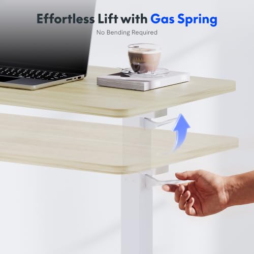 FLEXISPOT H7 Adjustable Overbed Bedside Table with Wheels Pneumatic Mobile Standing Desk Laptop Desk Rolling Computer Cart Movable Overbed Table Hospital Home Use(31.5" W x 17.7" D, White Wood Grain)