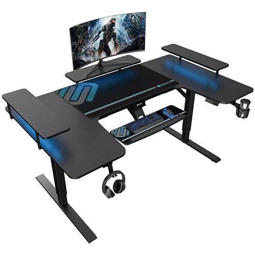 EUREKA ERGONOMIC Standing Desk with Keyboard Tray,U-Shaped 74 Inch Large Gaming Desk,Electric Height Adjustable Music Studio Desk w LED Convertible Shelves