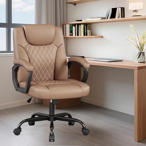 Misolant Office Chair, Executive Desk Chair, PU Leather Comfortable Ergonomic Chairs with Fixed Armrest, Adjustable Height, Rocking Function, 360° Swivel Wheels, Brown