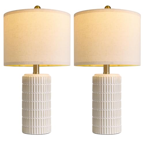 PoKat 20.75" Small Modern Ceramic Table Lamps Set of 2 for Bedroom, White Bedside Lamps for Night Stands, Farmhouse Desk Home Decor Gift Nightstand Table Lamps for Living Room End Table Beige