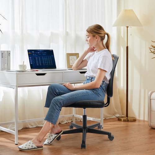 CLATINA Armless Home Office Chair, Small PU Leather Ergonomic Low Back Desk Chair with Lumbar Support and Wheels, Adjustable Height 360° Swivel Rolling Computer Task Chair, Black