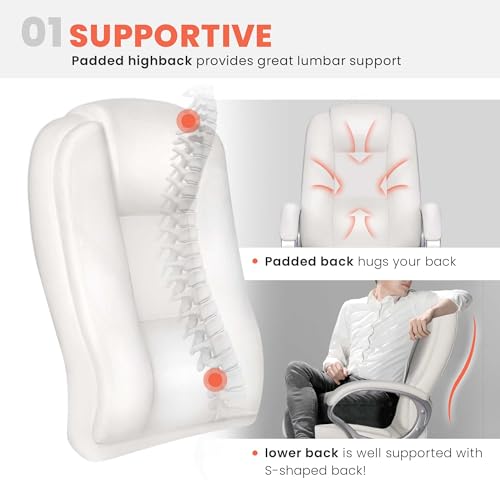 NEO Chair Office Desk Chair Computer Ergonomic Executive High Back Managerial PU Leather Lumbar Support Task Gaming Seat Adjustable Height Swivel Rolling Wheels (All White)