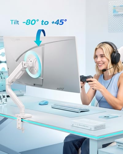 ARES WING Heavy Duty Single Monitor Arm - Fully Adjustable Monitor Mount for 17"-40" Ultrawide Screens up to 26.4 lbs with Clamp/Grommet Desk Mount, 75/100 Vesa Mount, White