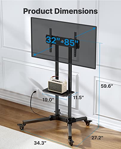 HUANUO Rolling TV Stand with Power Outlet, Mobile TV Cart for 32-85 Inch Flat/Curved TVs, Tilt & Height-Adjustable TV Cart on Wheels Holds 132 lbs, Max VESA 600x400mm HNTVMC01