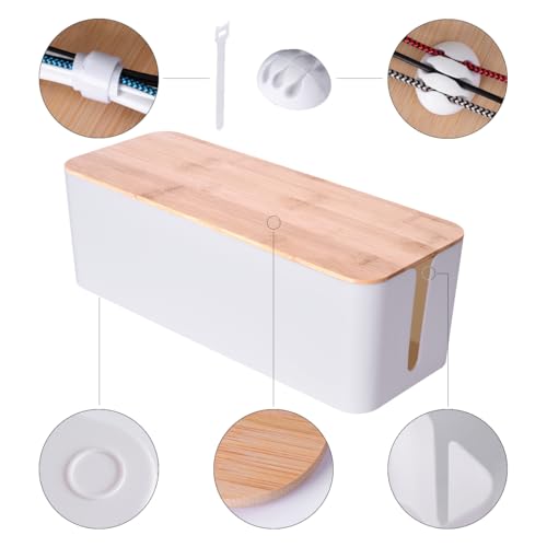 2 Pack Large Cable Management Box – Wooden Style Cord Organizer and Cover for TV Wires, Computer, Router, USB Hub and Under Desk Power Strip – Safe ABS Material and Baby-Pets Proof Lock (White)