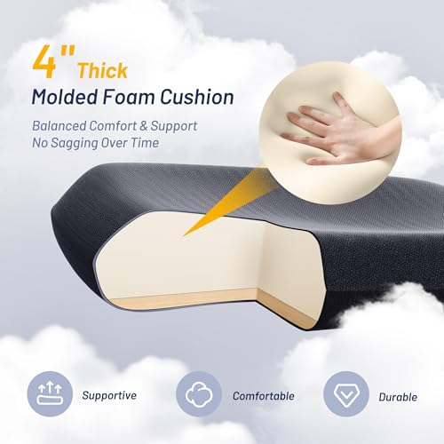 QLTPLUS Office Desk Chair for Long Hours & Lower Back Pain Relief – 4“ Thick Molded Foam Cushion, Enhanced Lumbar Support, Padded Flip-up Armrests, Ideal for Office or Study, Black