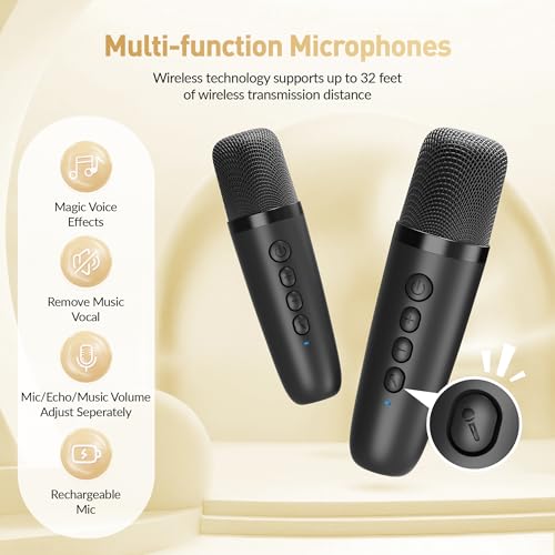 Mini Karaoke Machine, Portable Bluetooth Karaoke Speaker with 2 Wireless Microphones and Party Lights for Kids and Adults, Birthday Gifts for Girls Boys Family Home Party