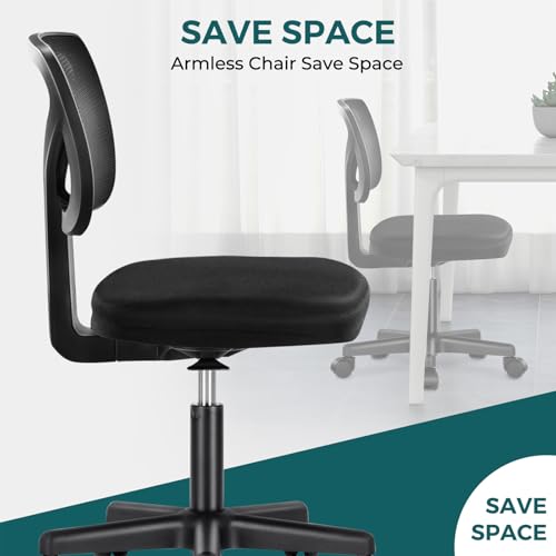 DUMOS Armless Office Chairs with Wheels, Ergonomic Adjustable Home Desk Swivel Rolling Task Chair No Arms, Comfy Mesh Mid Back Computer Work Vanity Desk Chairs for Small Spaces, New Black