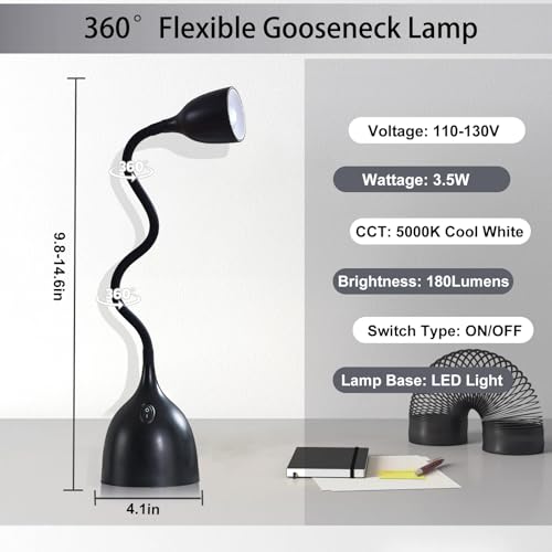 EJIAXIN Desk Lamp for Home Office, LED Reading Light, Small Adjustable Flexible Gooseneck Table Lamp, Eye-Caring Desk Lamp for College Dorm Room Study Lamp, Black