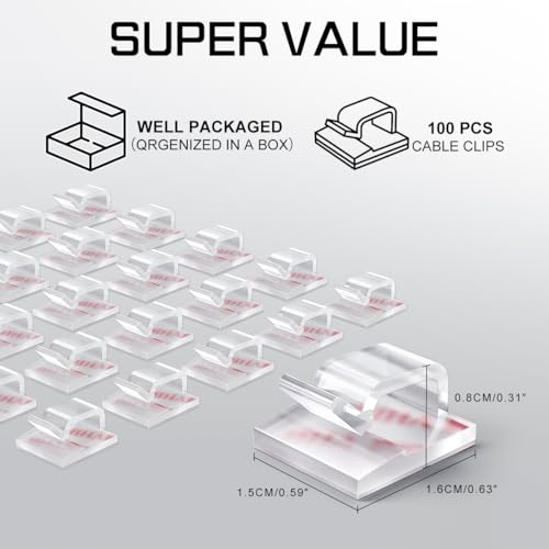 KGROTE 100PCS Cable Clips, Adhesive Wire Clips Strong Cord Clips Wire Holders, Cable Management Clips for Desk, Wall, Car, TV, Ethernet Cable (Clear, Small)