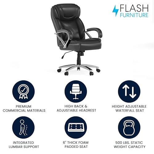 Flash Furniture HERCULES Series Big & Tall 500 lb. Rated Black LeatherSoft Executive Swivel Ergonomic Office Chair with Extra Wide Seat