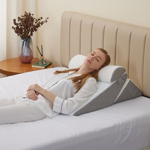 Bedluxe Wedge Pillow Headboard, 3PCS Orthopedic Bed Wedge Pillows Set for After Surgery, Adjustable Pillow Wedge for Acid Reflux&Back Pain Relief, Sleeping, Back Pillow for Bed Sitting Up, White/Grey