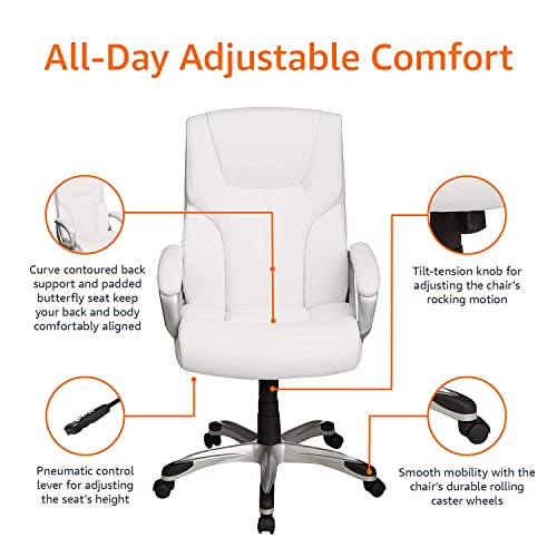 Amazon Basics Executive High Back Office Desk Chair, Adjustable Height, Tilt, Swivel, 275lb Capacity, Bonded Leather, White/Pewter