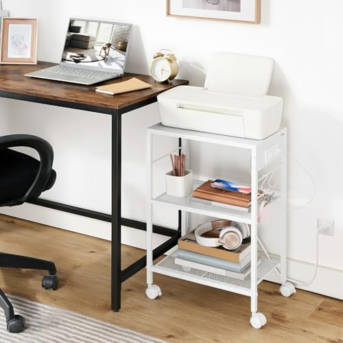HOOBRO Industrial Printer Stand, 3-Tier Mobile Printer Table, Rolling Cart with Power Outlets and USB Ports, Home Printer Stand with 2 Hooks, for Office, Living Room, White WW22UPS01